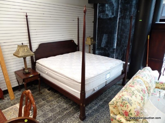 HENKEL HARRIS PENCIL POST KING SIZE BED WITH WOODEN BOLT ON RAILS. MEASURES APPROXIMATELY 84 IN X 86