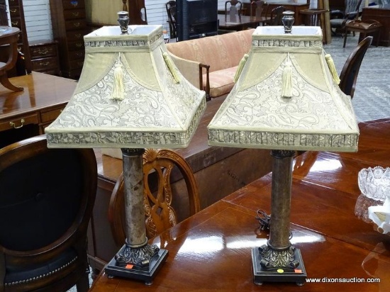 PAIR OF MARBLE FINISH AND BLACK PAINTED LAMPS WITH SQUARE BEIGE COLORED CLOTH SHADES. EACH MEASURES