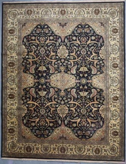 ISFAHAN BLACK 10'X14'. THIS HIGH QUALITY HAND KNOTTED REPRODUCTION OF A FINE ISFAHAN RUG DESIGN