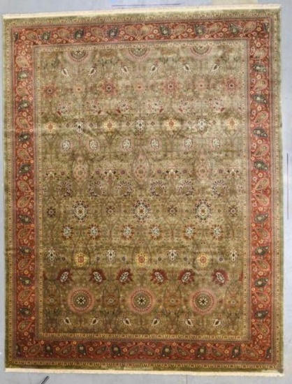 ISFAHAN LIGHT SAGE/SALMON PRIVATE RESERVE 10X14. THIS HIGH QUALITY HAND KNOTTED REPRODUCTION OF A
