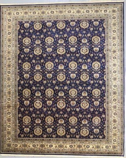 PRIVATE RESERVE KASHAN 10X14. NAVY BLUE/CREAM. THIS FINE ONE OF A KIND HAND KNOTTED RUG DESIGN