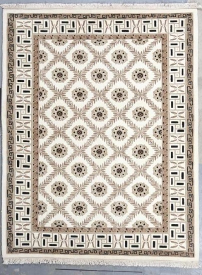 INDO NEPAL HAND KNOTTED APPROXIMATELY 5'X8' 100% NEW ZEALAND WOOL. BEIGE/BLACK IVORY. THIS RUG IS A