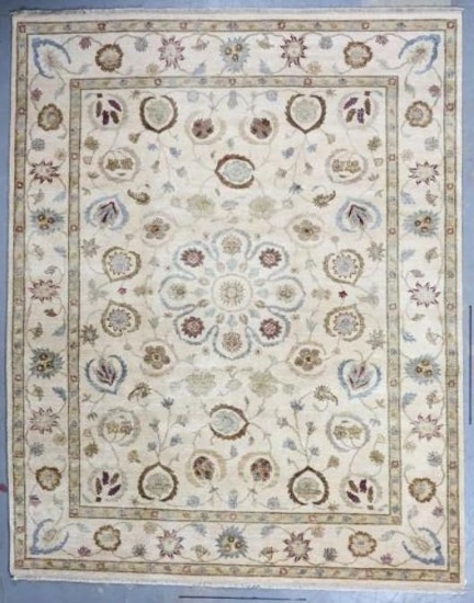 9X12 KASHAN CREAM/CREAM. THIS FINE ONE OF A KIND HAND KNOTTED RUG DESIGN ORIGINATED IN THE REGION OF
