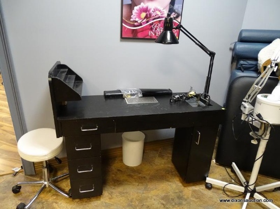 MANICURE WORK STATION WITH (4) STORAGE DRAWERS, (1) CABINET DOOR & ATTACHED LIGHT. MEASURES APPROX.