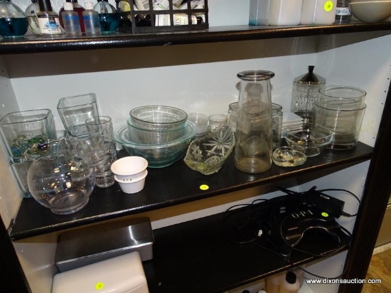 SHELF LOT OF MISC. GLASSWARE TO INCLUDE VASES, VOTIVE HOLDERS, MIXING BOWLS, SM. DISHES, BARBICIDE