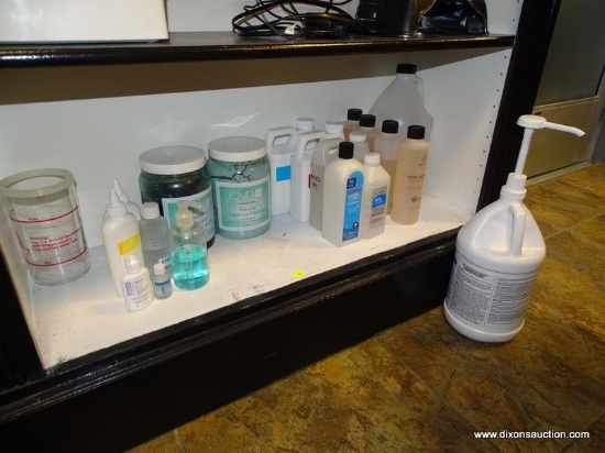 SHELF LOT TO INCLUDE BOTTLES OF NAIL POLISH REMOVER, CND MARINE MINERAL BATH, CND MARINE COOLING