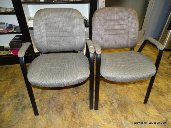 PAIR OF METAL & GREY UPHOLSTERED WAITING ROOM ARM CHAIRS. THEY MEASURE APPROX. 22-1/2" X 21-1/2" X