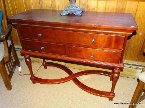 (DWN LR) CHERRY CONSOLE TABLE WITH 3 DRAWERS AND A CROSS-STRETCHER BASE. MEASURES 40.5 IN X 16 IN X