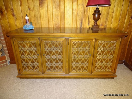 (DWN LR) VINTAGE 4 DOOR BUFFET WITH APPLIED HEART SHAPED ACCENTS (1 PANEL IS PEELING BUT CAN BE