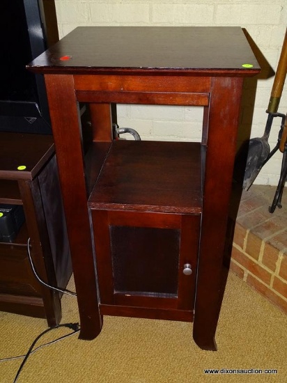 (DWN LR) MAHOGANY END TABLE WITH CENTER SHELF AND 1 LOWER DOOR. IS 1 OF A PAIR. MEASURES 17 IN X 16