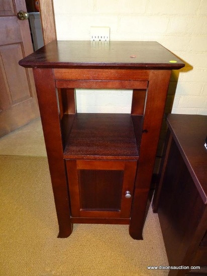 (DWN LR) MAHOGANY END TABLE WITH CENTER SHELF AND 1 LOWER DOOR. IS 1 OF A PAIR. MEASURES 17 IN X 16