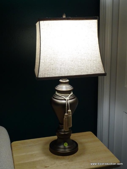(BR1) PAIR OF BRONZE TONED URN STYLE LAMPS WITH SQUARE SHADE AND ROPE ACCENT. MEASURES 26 IN TALL.