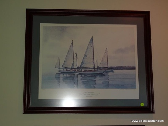 (LR) FRAMED BOAT PRINT "THE CONCORDIAS WAITING FOR A BREEZE" BY DONALD DEMERS. IS SIGNED AND
