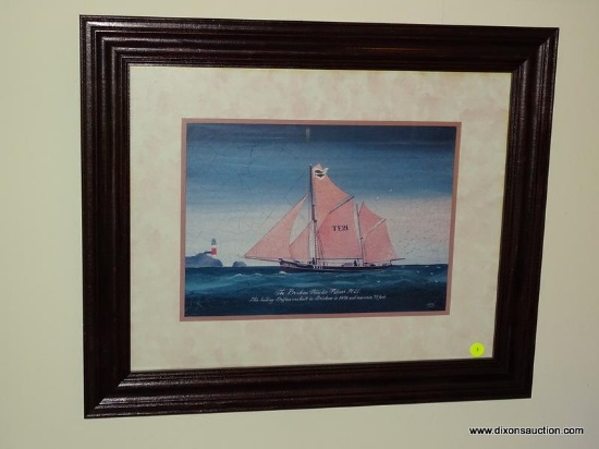 (LR) FRAMED BOAT PRINT OF THE BRIXHAM TRAWLER FULAMR JE21 (ORIGINALLY BUILT IN 1856). HAS A MAHOGANY