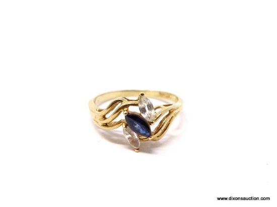 14K YELLOW GOLD RING WITH MARQUISE CUT CZ STONES & SAPPHIRE. SIZE 6-3/4. WEIGHS APPROX. 2.37 GRAMS.