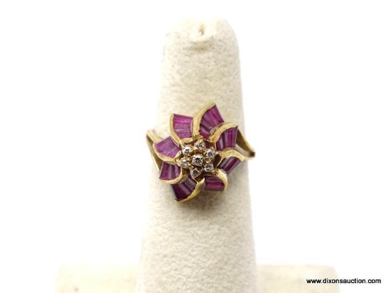 UNIQUE 14K YELLOW GOLD UMBRELLA RING WITH TRAPEZE CUT RUBIES & SM. DIAMOND CHIPS. SIZE 4-3/4. WEIGHS