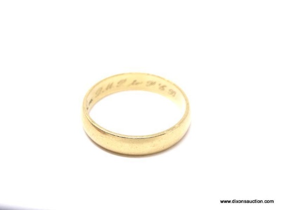 14KT YELLOW GOLD WEDDING BAND. MARKED BRISTOL 14K. ENGRAVED INITIALS ON THE INSIDE. SIZE 10-1/2.