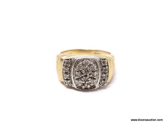 10KT YELLOW GOLD RING WITH (18) SM. ROUND CUT DIAMONDS. MARKED ON THE INSIDE FTJ10K PPRI 054. RING