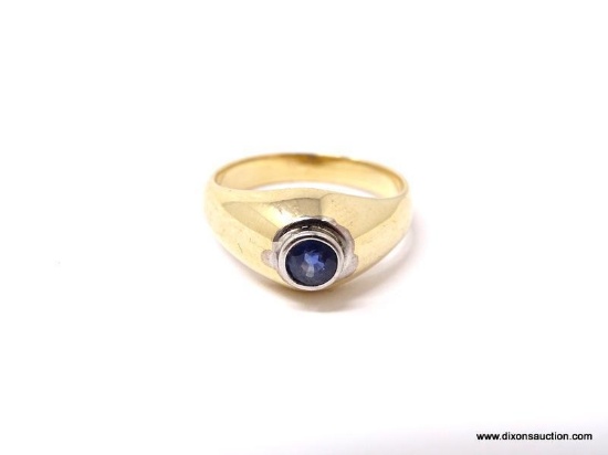 14KT YELLOW GOLD RING WITH BEZEL SET ROUND SAPPHIRE. SIZE 8-1/2. WEIGHS APPROX. 5.53 GRAMS.