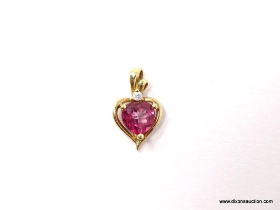 10KT YELLOW GOLD PENDANT WITH HEART SHAPED PINK TOPAZ & SM. DIAMOND CHIP. WEIGHS APPROX. 1.37 GRAMS.