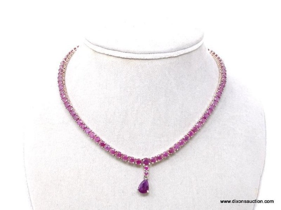 FANCY .925 STERLING SILVER NECKLACE LINED WITH ROUND CUT RUBY GEMSTONES. PEAR SHAPED CUT RUBY