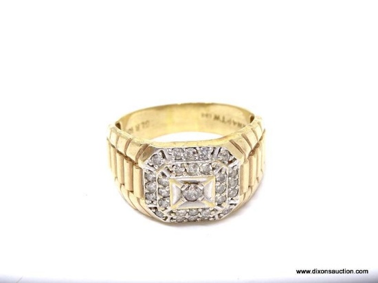 10K YELLOW GOLD & DIAMOND RING. CENTER DIAMOND SURROUNDED BY 28 OTHER DIAMONDS. MARKED THE ON SIDE