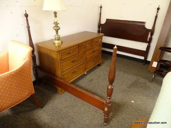 (R1) MAHOGANY TWIN SIZE BED WITH WOODEN RAILS. MEASURES APPROXIMATELY 56 IN X 80 X 55 IN. HAS DAMAGE