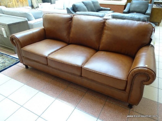 HOBSON LEATHER SOFA IN CAMEL BY ABBYSON. A TIMELESS SILHOUETTE WITH BEAUTIFUL UPDATED DETAILS,