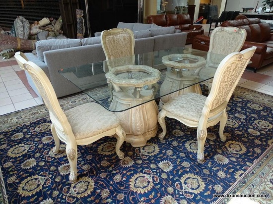 NEW THOMASVILLE DINING SET TO INCLUDE A DOUBLE PEDESTAL BASE GLASS TOP TABLE WITH ACANTHUS LEAF