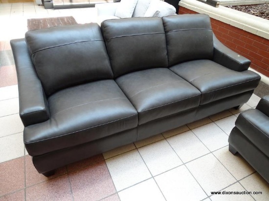 BRAND NEW MERONA LEATHER SOFA IN GRAY. INTRODUCE SLEEK MID-CENTURY STYLE TO YOUR LIVING SPACE WITH