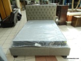 MODERN GRAY UPHOLSTERED BUTTON TUFTED BACK QUEEN SIZE PLATFORM BED WITH CLOTH UPHOLSTERED RAILS.