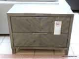 BRAND NEW FAIRFAX 2 DRAWER NIGHTSTAND BY ABBYSON IN GRAY. MEASURES 34 IN X 19 IN X 26.5 IN. RETAILS