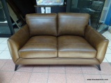 BRAND NEW MERONA LEATHER LOVESEAT IN BROWN. INTRODUCE SLEEK MID-CENTURY STYLE TO YOUR LIVING SPACE