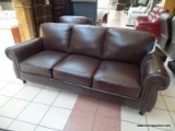 BRAND NEW MORTARA LEATHER 3 CUSHION SOFA IN BROWN. A MODERN DESIGN COMBINED WITH LUXURIOUS,