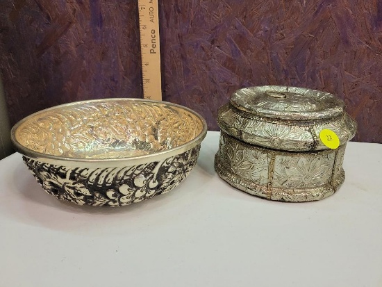ONE SILVER BOWL WITH EMBOSSED DESIGN MADE IN INDIA AND ONE SILVER AND WOOD BOX WITH LID (ORIGIN