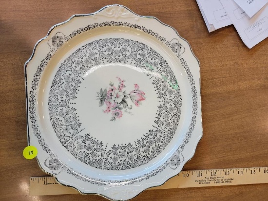 VINTAGE CHINA PLATTER WITH SILVER DETAILING AND FLORAL CENTER