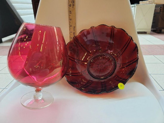 RARE! ANCHOR HOCKING RUBY RED OYSTER & PEARL FRUIT/SERVING BOWL FROM 1938 - 1940 AND A BRANDY