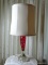 (LR) ETCHED CRANBERRY GLASS LAMP WITH SILK SHADE- 30 IN IS SOLD AS IS WHERE IS WITH NO GUARANTEES OR
