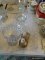 (DR) GLASS LOT- 10 ICE TEA GLASSES, 7 ETCHED CORDIALS, COMPOTE, VASE, 2 GLASS PUNCH LADLES, 4 GOLD