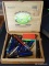 (OFFICE) WOODEN CIGAR BOX OF VINTAGE SHAEFFER INK PENS AND BOX WITH INK TIPS, ITEM IS SOLD AS IS