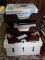 (OFFICE) BOX OF OFFICE SUPPLIES, CALCULATORS, DESK TRAYS, 2 CELL PHONES, FAX SWITCH IN BOX, FRANKLIN