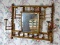 (BED1) ANTIQUE OAK HANGING HAT RACK WITH BEVELED GLASS MIRROR, MOVEABLE HAND STANDS AND COAT PEGS-