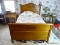 (BED1) ANTIQUE CARVED OAK FULL SIZE BED WITH WOODEN RAILS- MATCHES 337- 58 IN X 80 X 57, REFINISHED
