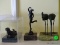 (LR) 3 SMALL BRONZE ON MARBLE FIGURES- FLAMINGOS- 6 IN H, MERCURY- 6.5 IN H AND GIRL READING BOOK IN