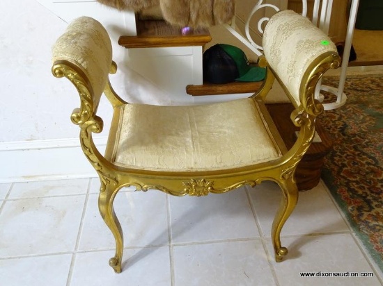 (FOYER) FRENCH GOLD GILT U CHAIR OR PHOTOGRAPHER'S CHAIR- 28 IN X 17 IN X 27 IN, ITEM IS SOLD AS IS