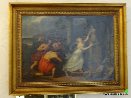 (FOYER) ANTIQUE 19TH CEN. FRAMED UNSIGNED OIL ON CANVAS IN GOLD FRAME- HAS FRENCH PAPER LABEL ON