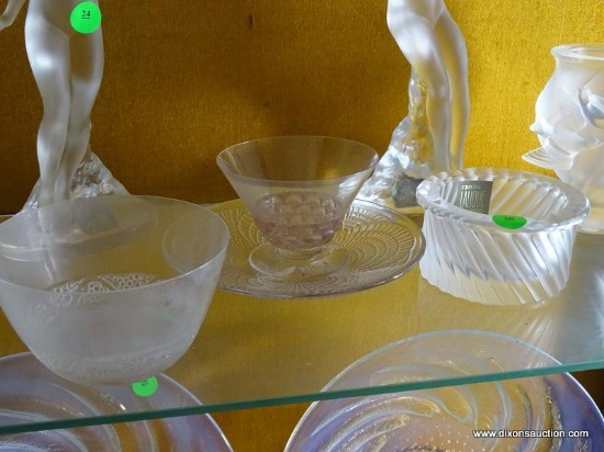(FOYER HALL) 4 PCS. OF LALIQUE GLASSWARE- SHERBERT DISH, PLATE, FINGER BOWL AND TRINKET DISH-ITEM IS