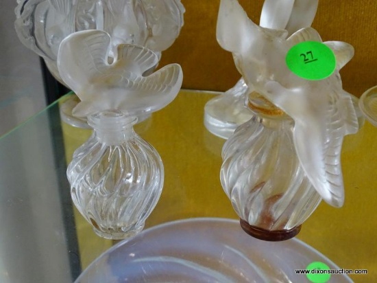 (FOYER HALL) 2 LALIQUE PERFUME BOTTLES WITH BIRD MOTIF- 3 IN H-ITEM IS SOLD AS IS WHERE IS WITH NO