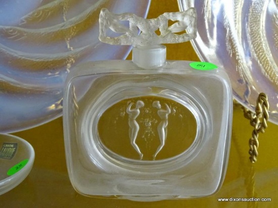 (FOYER HALL) LALIQUE CRYSTAL LARGE PERFUME BOTTLE WITH EMBOSSED FEMALE FIGURES- 5 IN H- ITEM IS SOLD