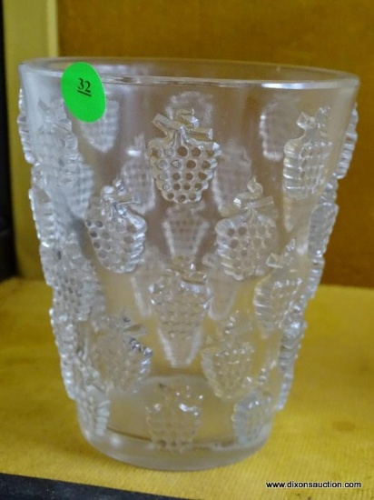 (FOYER HALL) LALIQUE CRYSTAL VASE WITH GRAPE MOTIF- 6 IN H-ITEM IS SOLD AS IS WHERE IS WITH NO